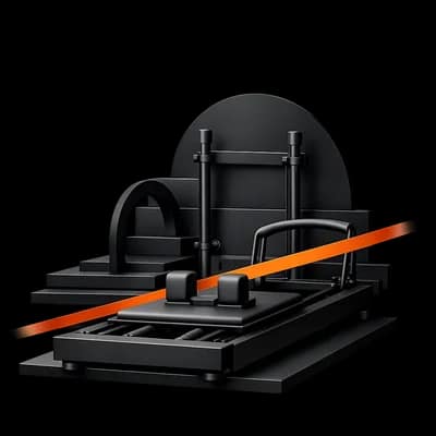 Abstract pilates studio board with reformer-inspired rails and an orange tension line