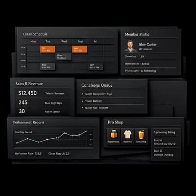 Gym management system board showing scheduling, members, reporting, concierge, and commerce modules