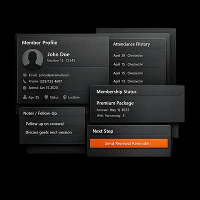 Member management context board showing profile, attendance, package, and follow-up surfaces