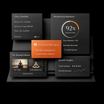 Yoga studio system board showing class flow, memberships, content, and retention surfaces