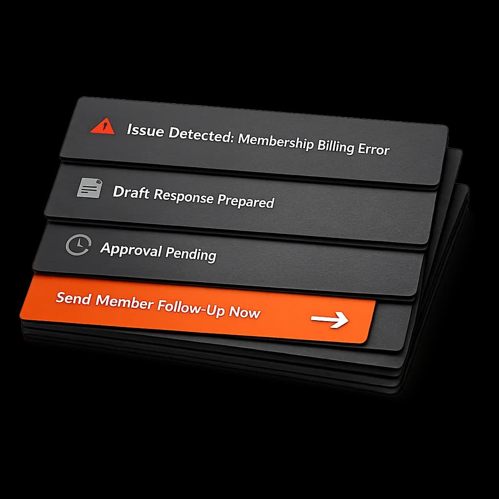 Queue and draft stack representing Gymizen concierge workflows