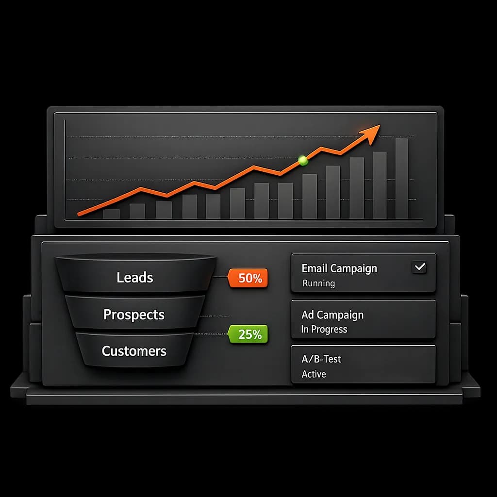 Growth board showing charts, conversion workflow, and campaign progress
