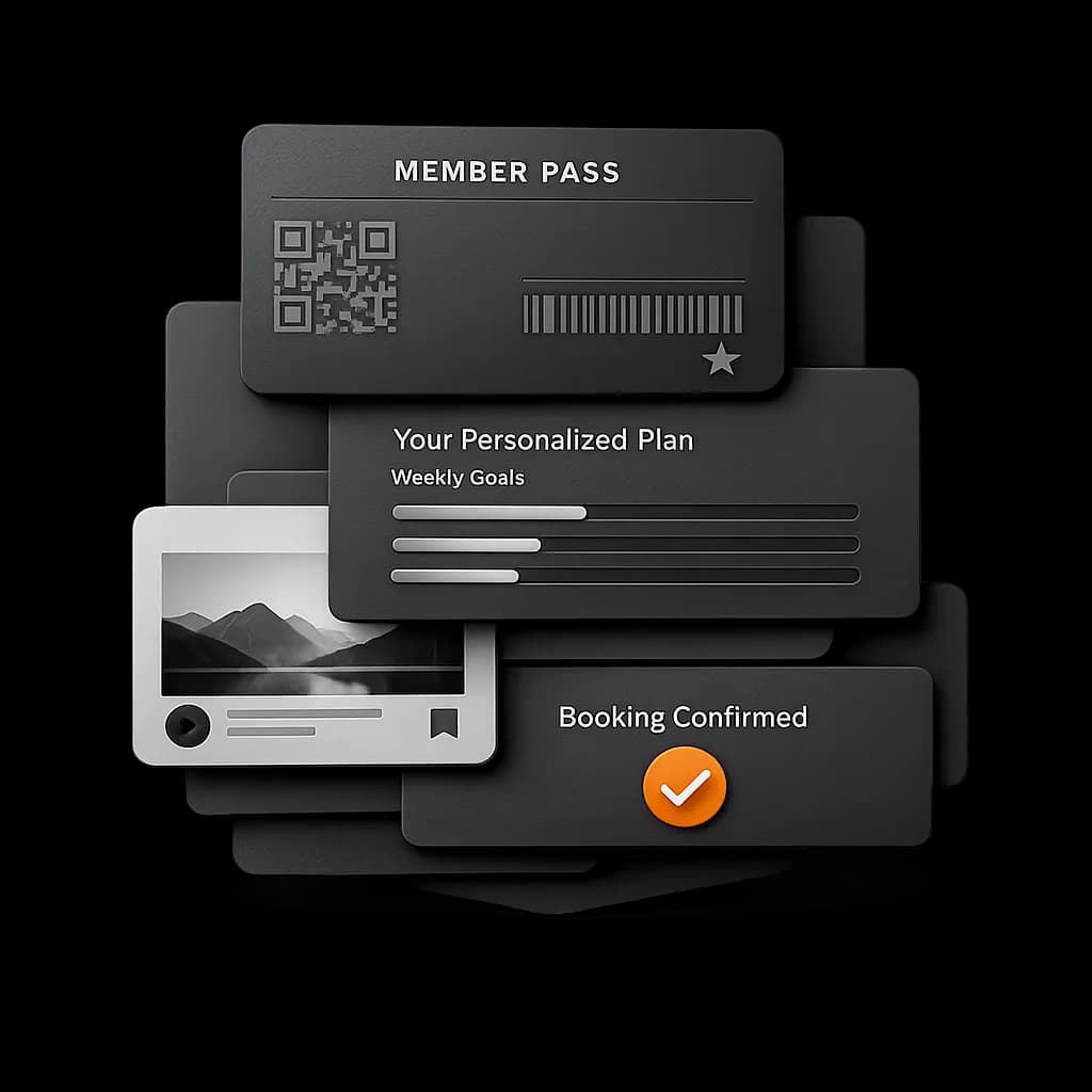 Member-facing experience board with booking, pass, and engagement surfaces