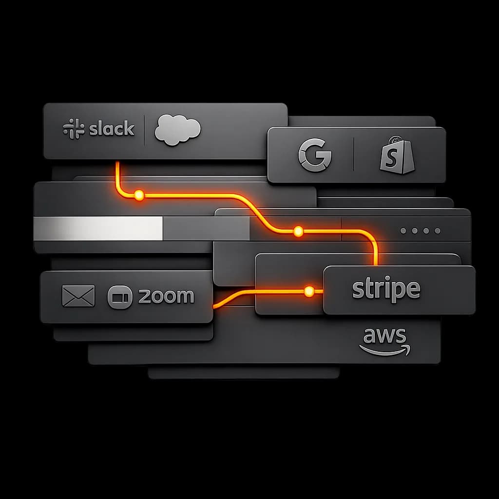 Platform connectivity board with integrations, sync layers, and branded touchpoints