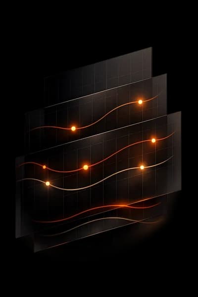 Abstract portrait composition of layered retention charts and member signal patterns for a gym retention dashboard