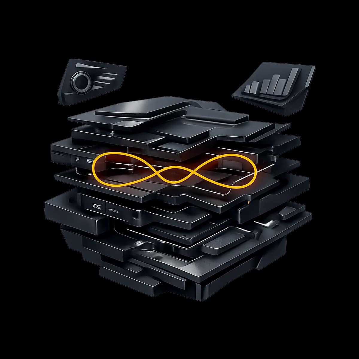 Abstract 3D operational sculpture with layered graphite slabs and a single orange signal path connecting floating dashboard fragments.