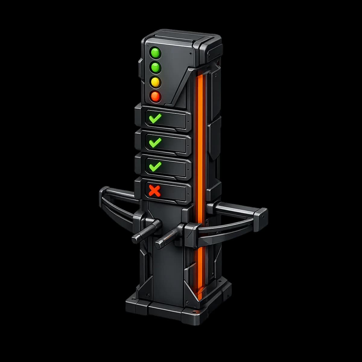 A dark graphite 3D mechanical gate with a single Gymizen-orange path running through it, symbolizing approval-gated automation.