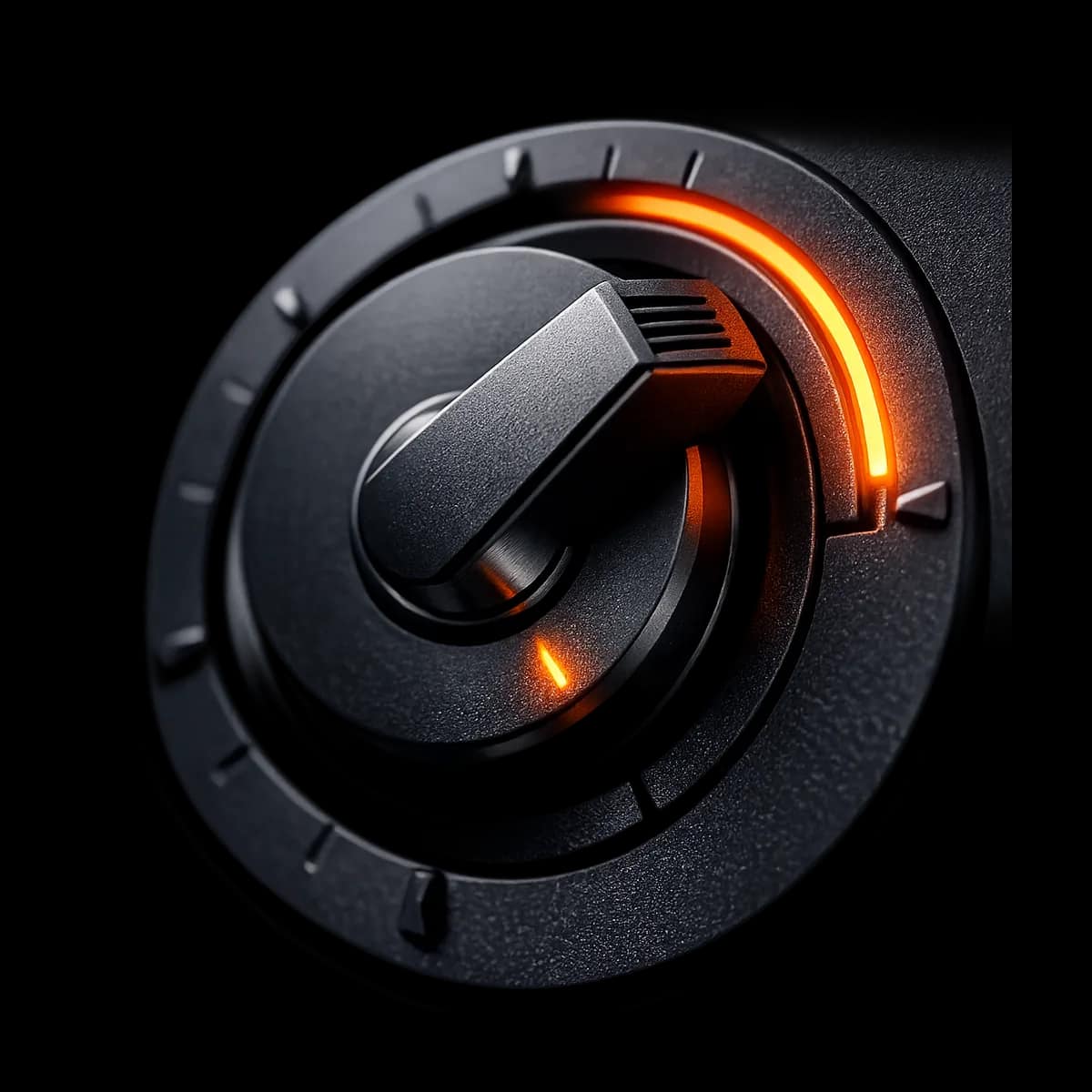 A premium dark graphite 3D safe dial partially open with a single Gymizen-orange path threading through it, representing approval-gated exceptions and controlled overrides.