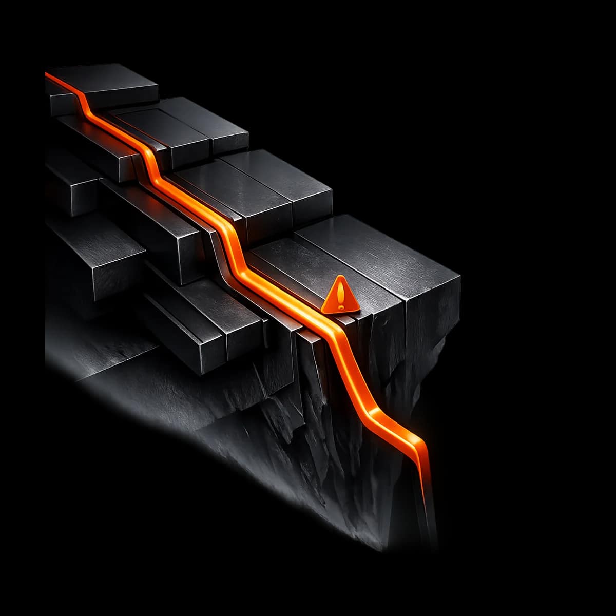 A dark graphite 3D cliff edge with a descending attendance line and a single orange warning marker near the drop