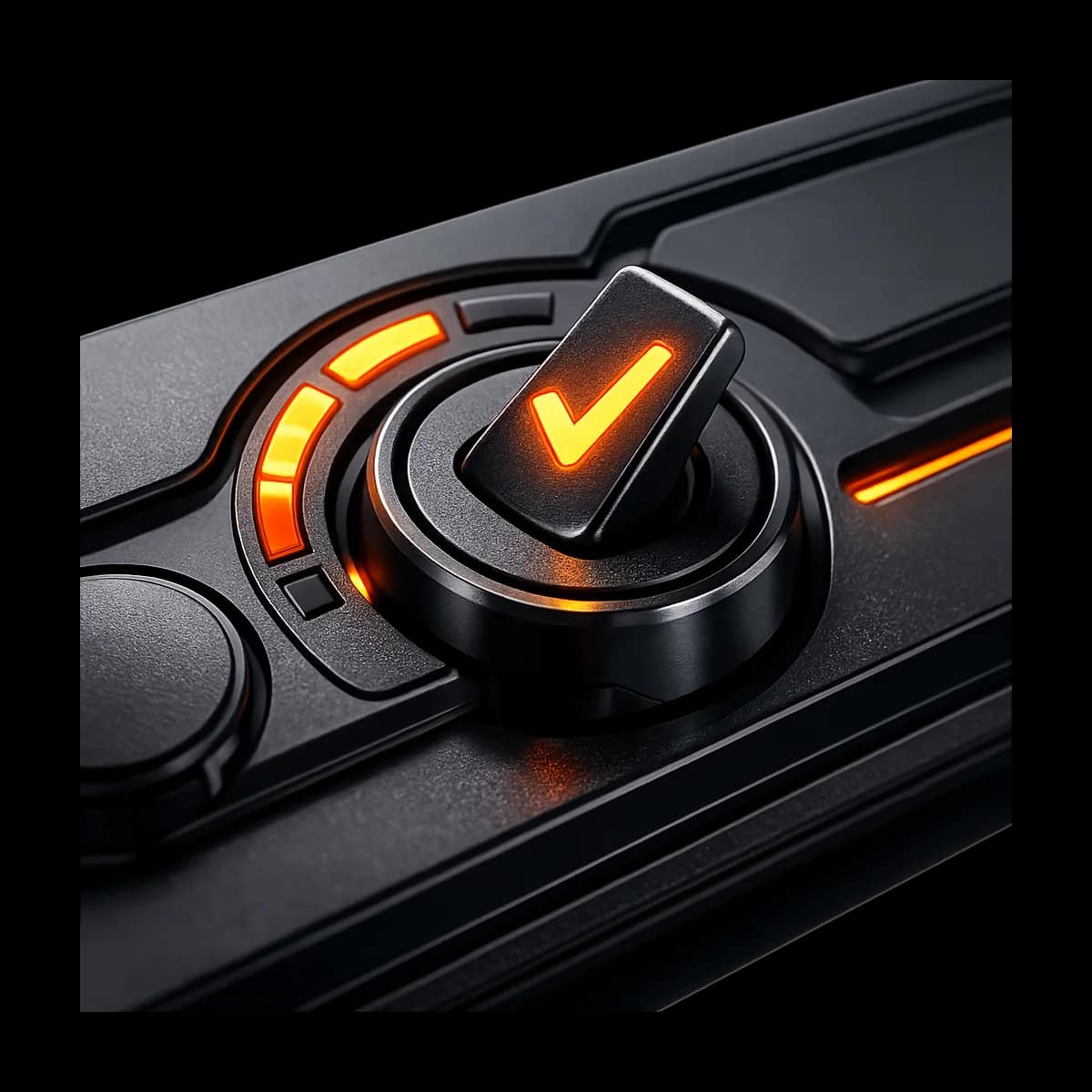A dark graphite 3D control panel with routed paths converging into an approval checkpoint, indicating automated workflows with a single approval gate.