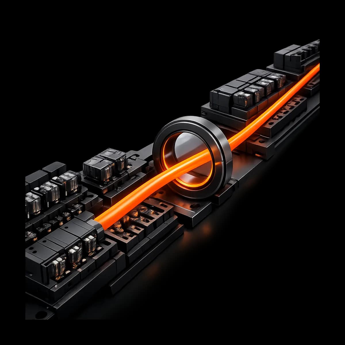 A premium dark graphite 3D relay switch with one Gymizen-orange signal path indicating approval-gated automation flow