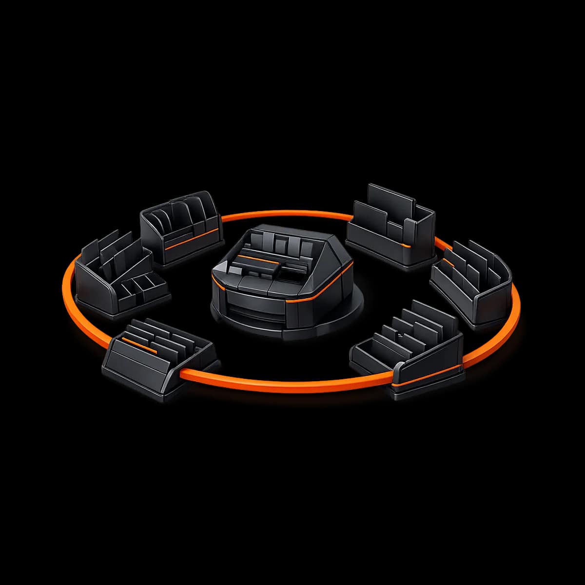 A premium dark graphite 3D filing system with labeled dividers and a single Gymizen-orange path line connecting sections, representing structured member statuses, tags, and segments.