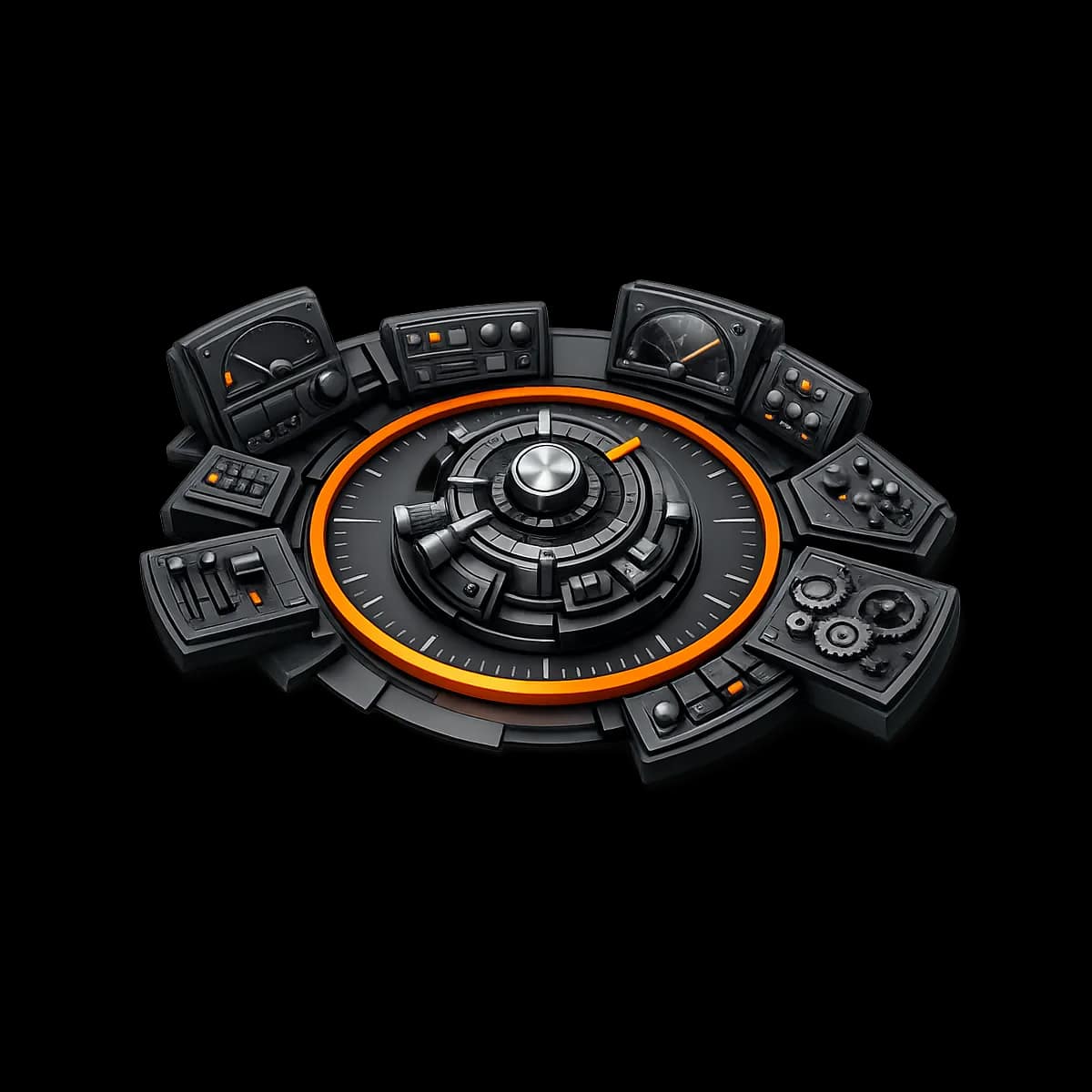 A premium dark graphite vault dial with a single Gymizen-orange notch representing a controlled exception budget and approval gate