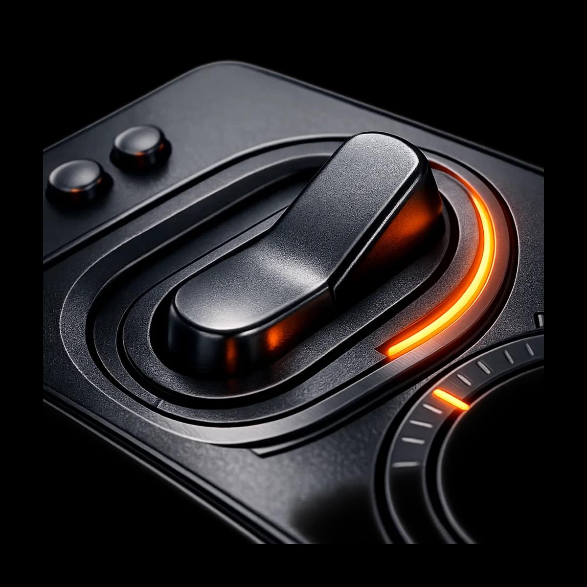 A premium dark graphite 3D relay baton passing to a second baton along a thin Gymizen-orange path, symbolizing a clean system cutover