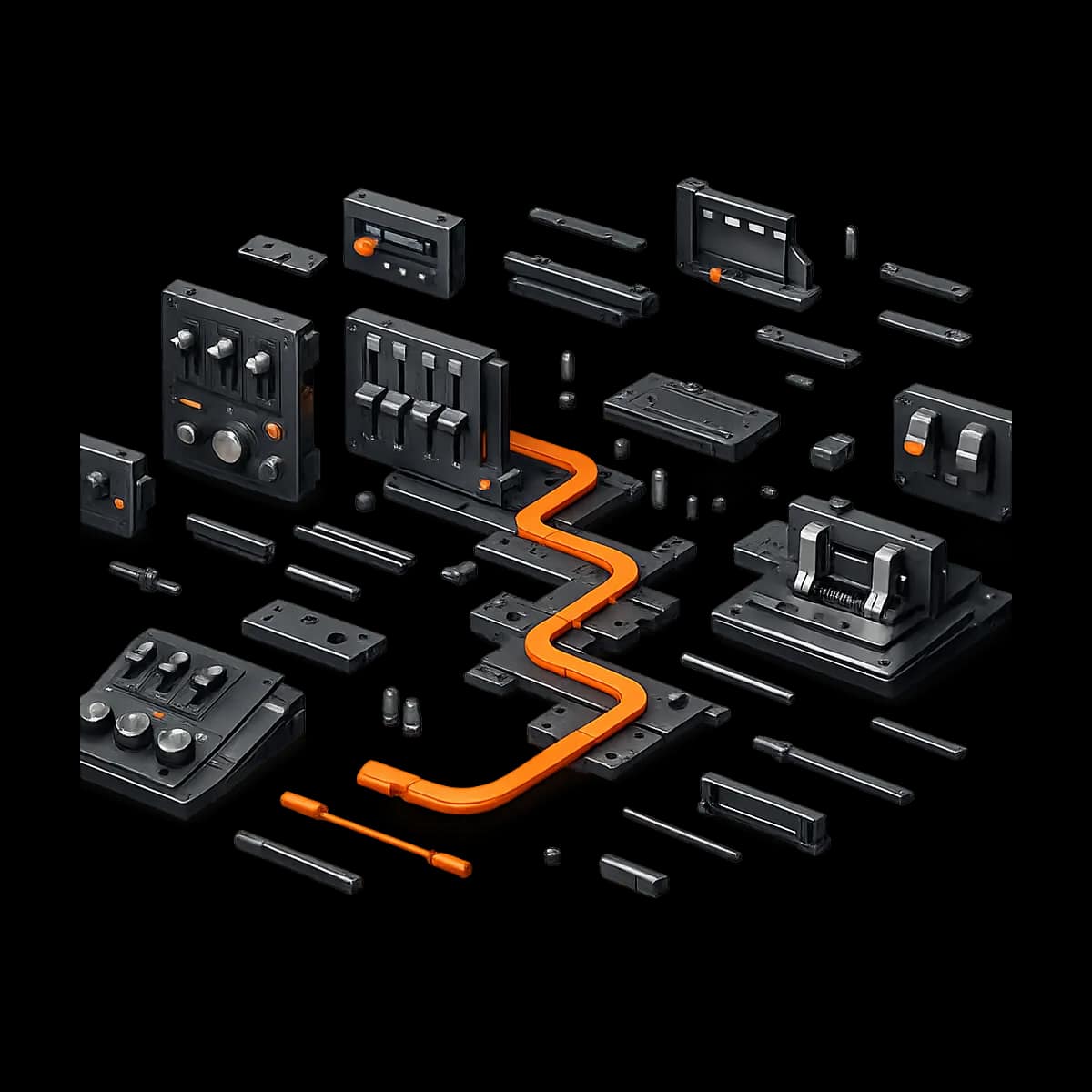 A premium dark graphite 3D control console with a single orange approval path running through toggles and gates, on a transparent background.