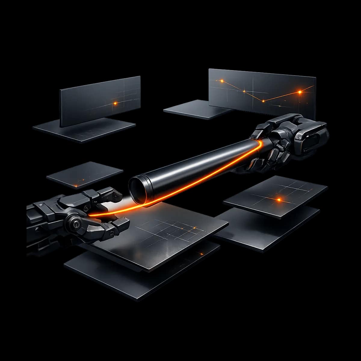 A premium dark graphite relay baton with a single Gymizen-orange accent line indicating a controlled handoff path
