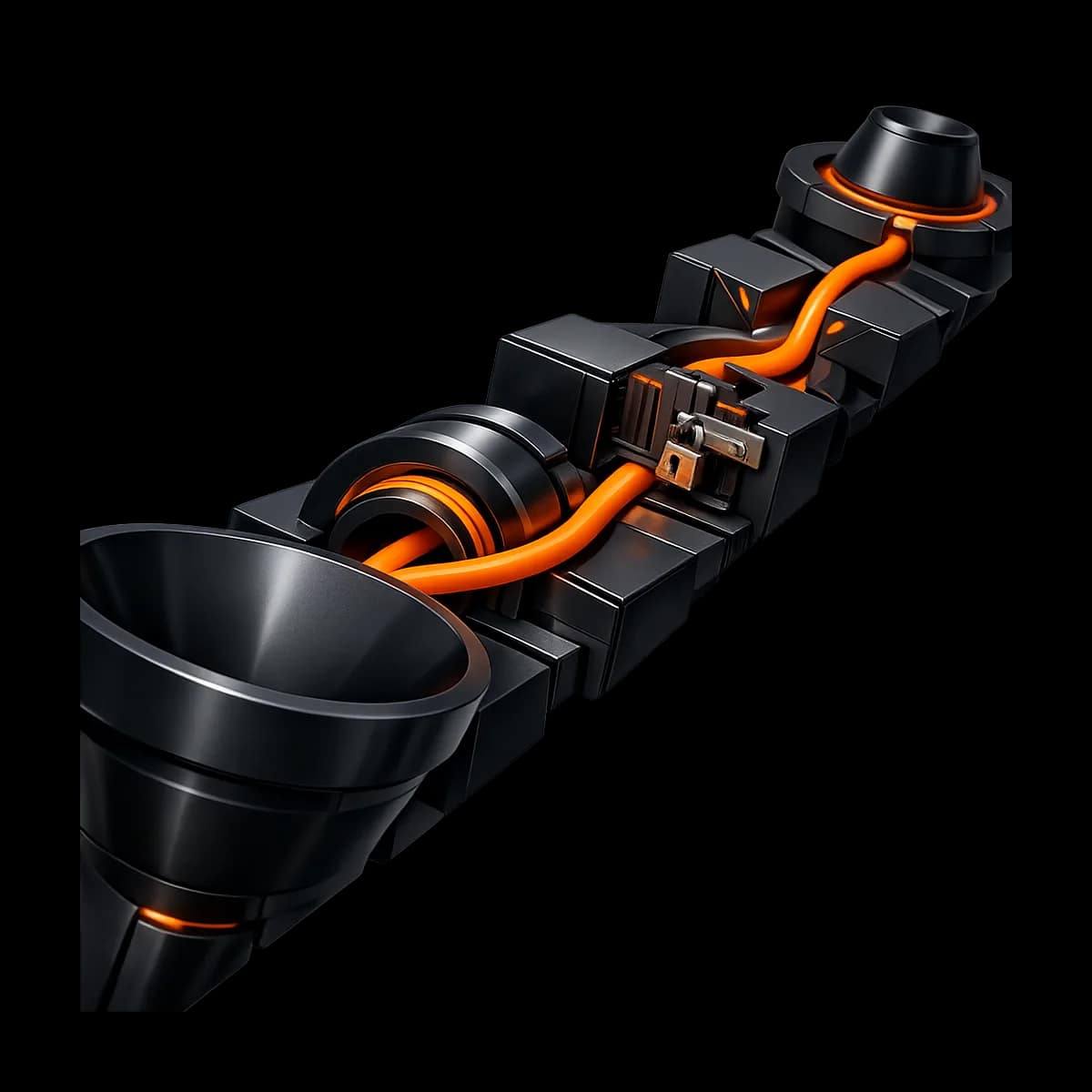 A premium dark graphite 3D funnel object with a single Gymizen-orange path running through checkpoints, representing an approval-gated lead-to-member workflow.