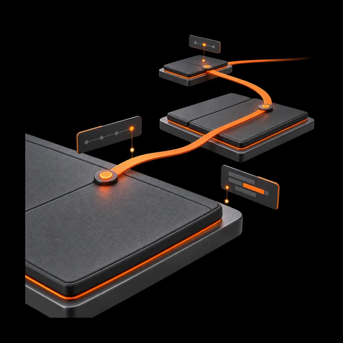 Three graphite training mats of different sizes align along one restrained orange route, suggesting a family finding a workable path through the school schedule.