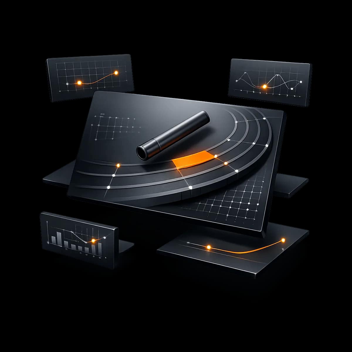 A premium dark graphite 3D relay baton passing along a curved path with a single Gymizen-orange accent, symbolizing a controlled member app handoff and rollout.