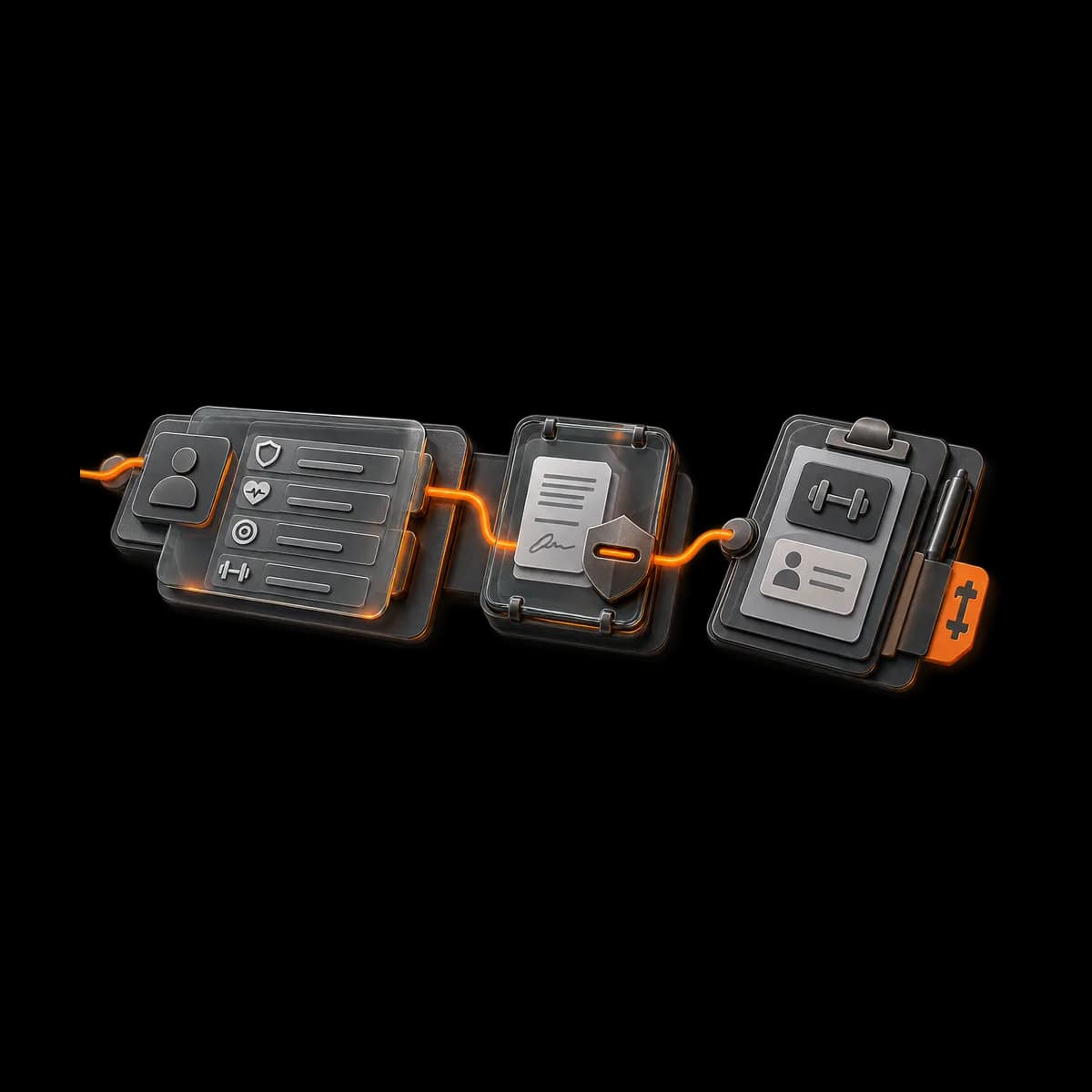 An open graphite folio holding a single inset intake sheet, with a restrained orange thread passing through a narrow approval notch.