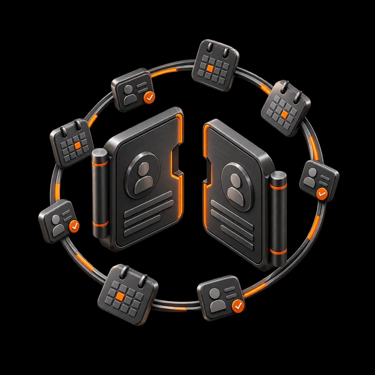 Two dark graphite member-record tiles being aligned along a restrained orange seam, representing careful post-migration reconciliation.