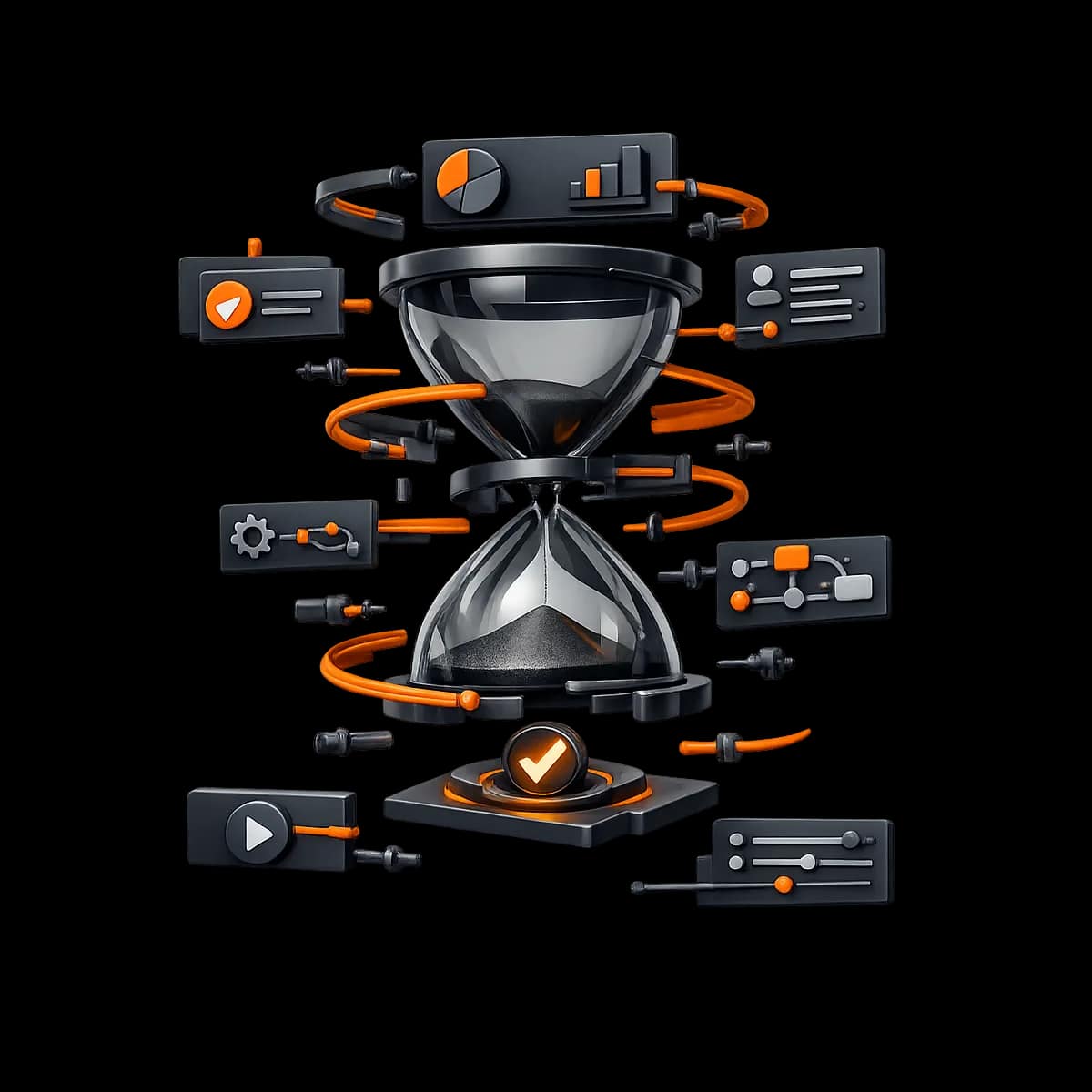 A premium dark graphite 3D hourglass with an orange approval path looping around it, symbolizing time-bound holds with review checkpoints.