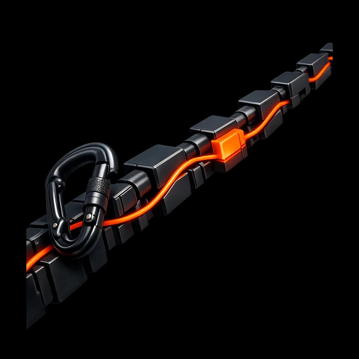 A 3D graphite climbing carabiner connected to a segmented path with a single orange waypoint, representing member progress milestones