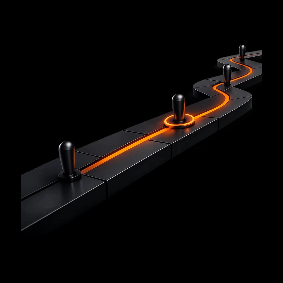 A dark graphite 3D path with a few raised milestone markers and one Gymizen-orange accent line indicating progress