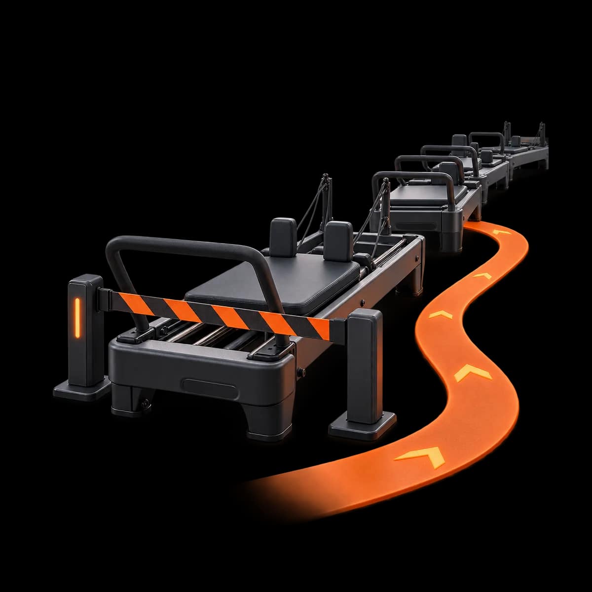 An empty place in a curved row of graphite Pilates reformer silhouettes, with a restrained orange path connecting the remaining spaces
