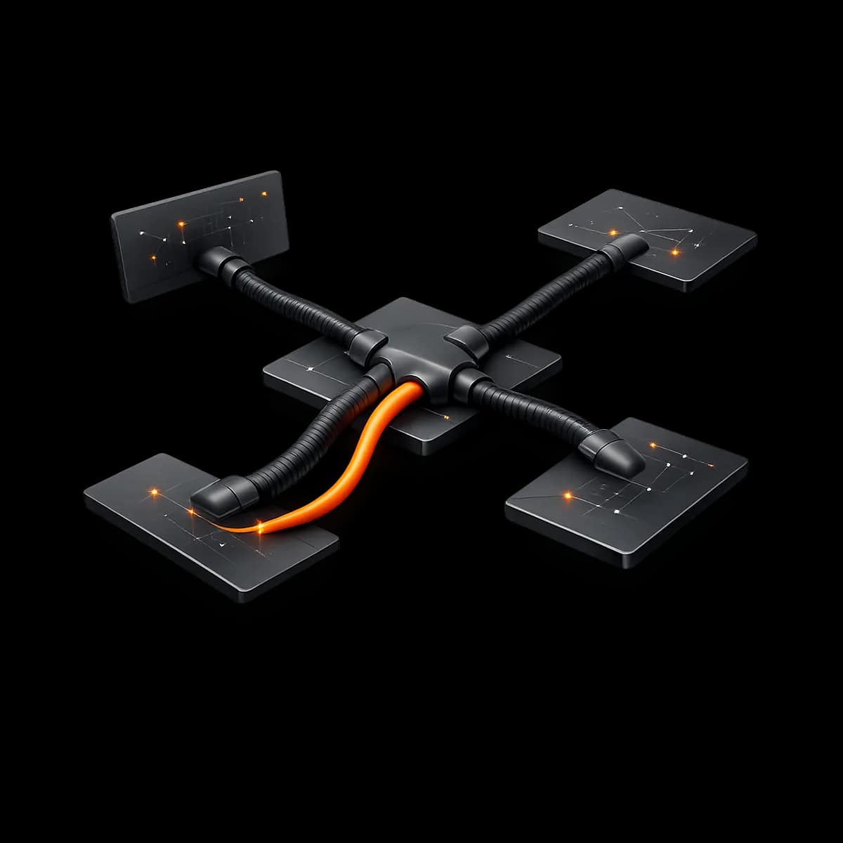 A premium dark graphite 3D switchboard with multiple routed paths converging into one hub, highlighted by a single Gymizen-orange line on a transparent background.
