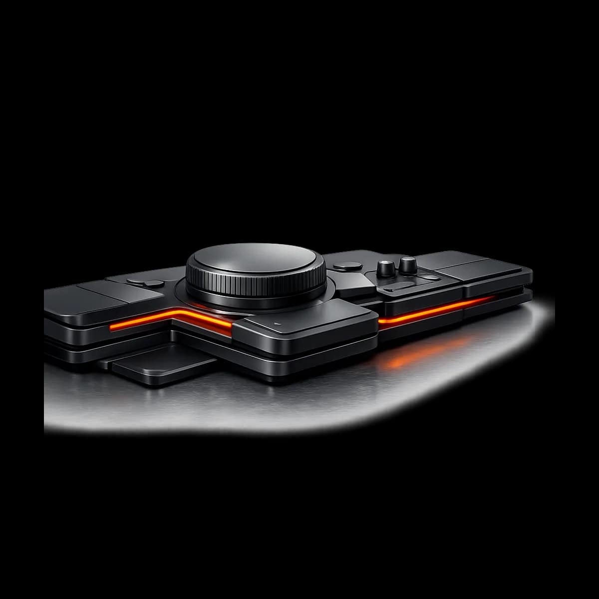A premium dark graphite 3D hub-and-spoke control dial with one Gymizen-orange path connecting multiple nodes on a transparent background