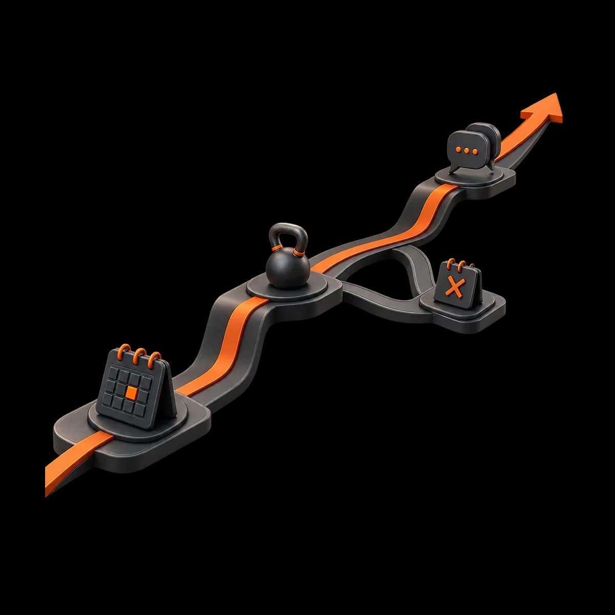 A dark graphite branching pathway joins four small member-journey markers, with one restrained orange route continuing forward.