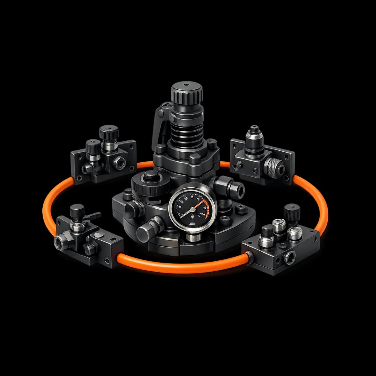 A graphite 3D safety valve with a single orange flow path representing controlled payment recovery without leaks