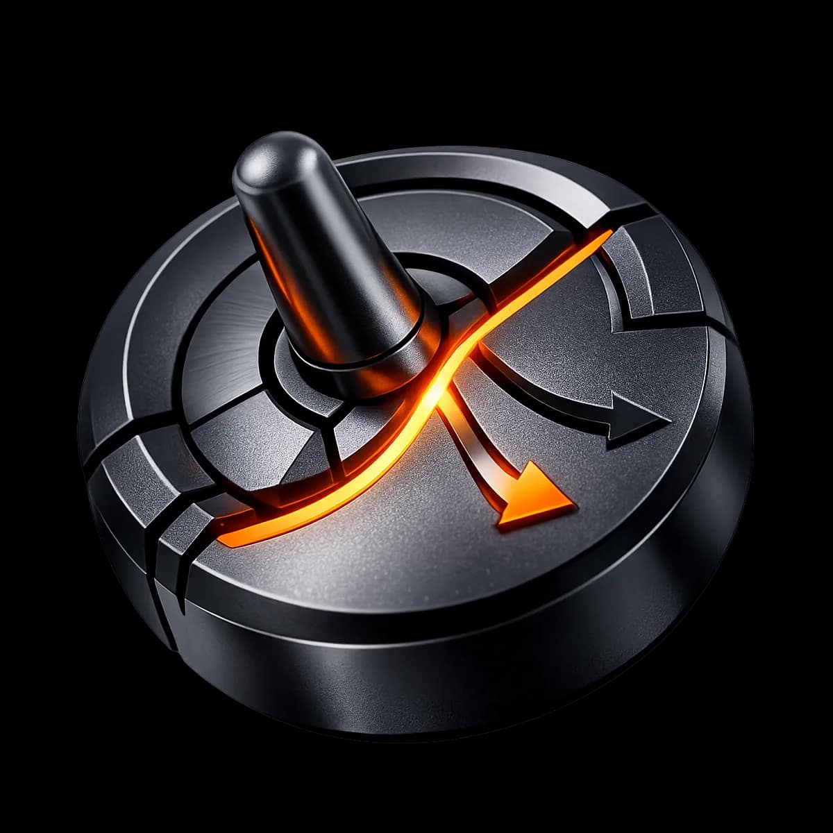 A premium dark graphite 3D hourglass with a single orange flow line splitting into two paths, representing peak vs off-peak staffing decisions.