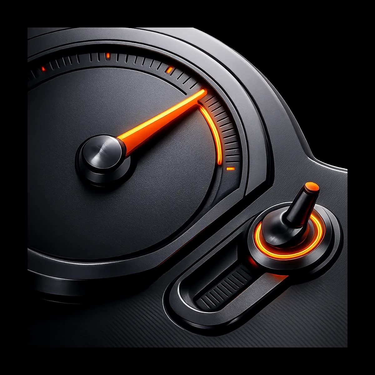 A precision dial and calibrated gauge representing a controlled, disciplined pricing system with one orange indicator path