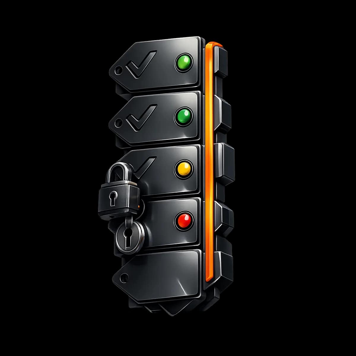 Premium dark graphite 3D price tags and a small lock mechanism connected by a single Gymizen-orange path, symbolizing approval-gated pricing control