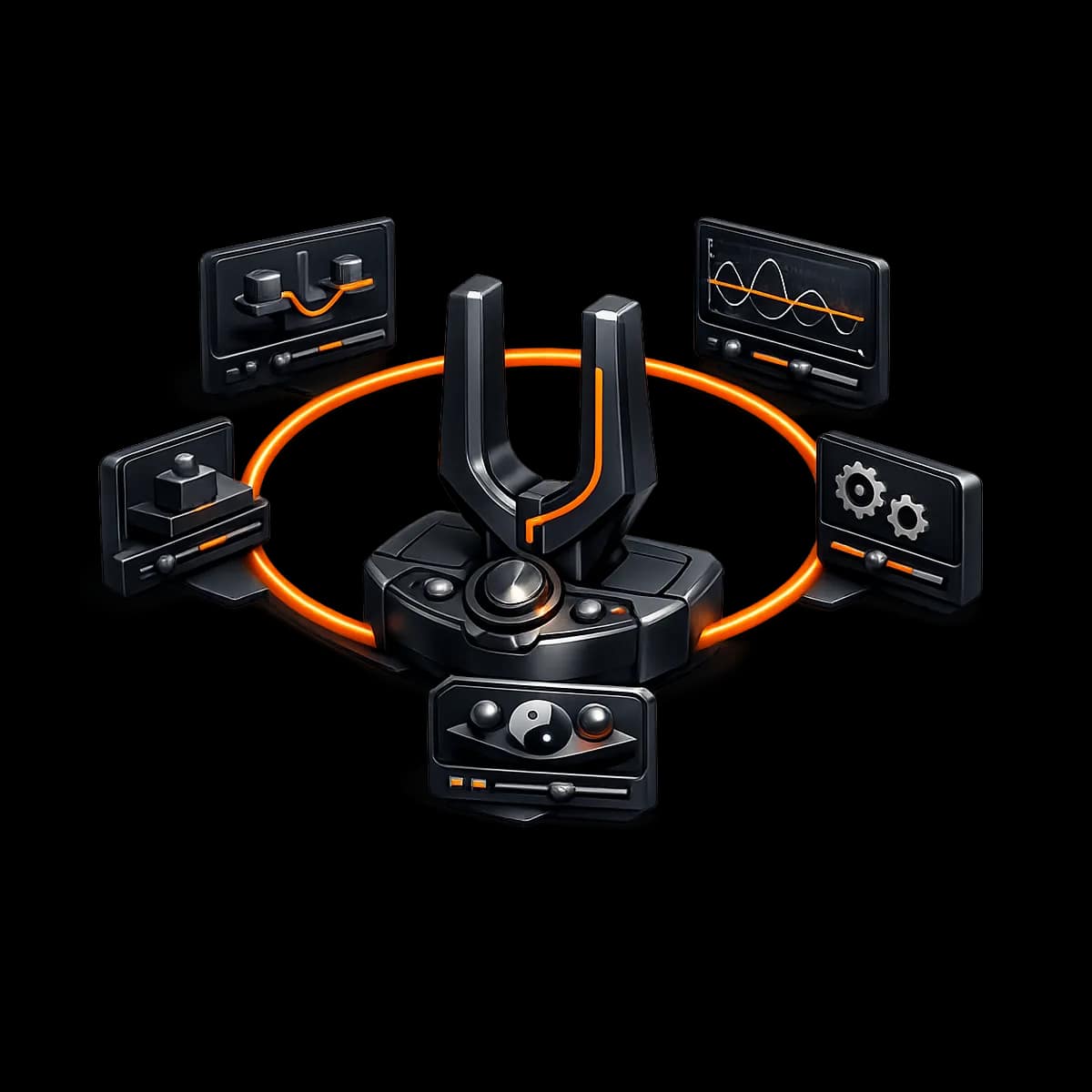 A premium dark graphite 3D tuning fork balancing two weighted blocks, with a single Gymizen-orange path indicating a measured schedule adjustment.
