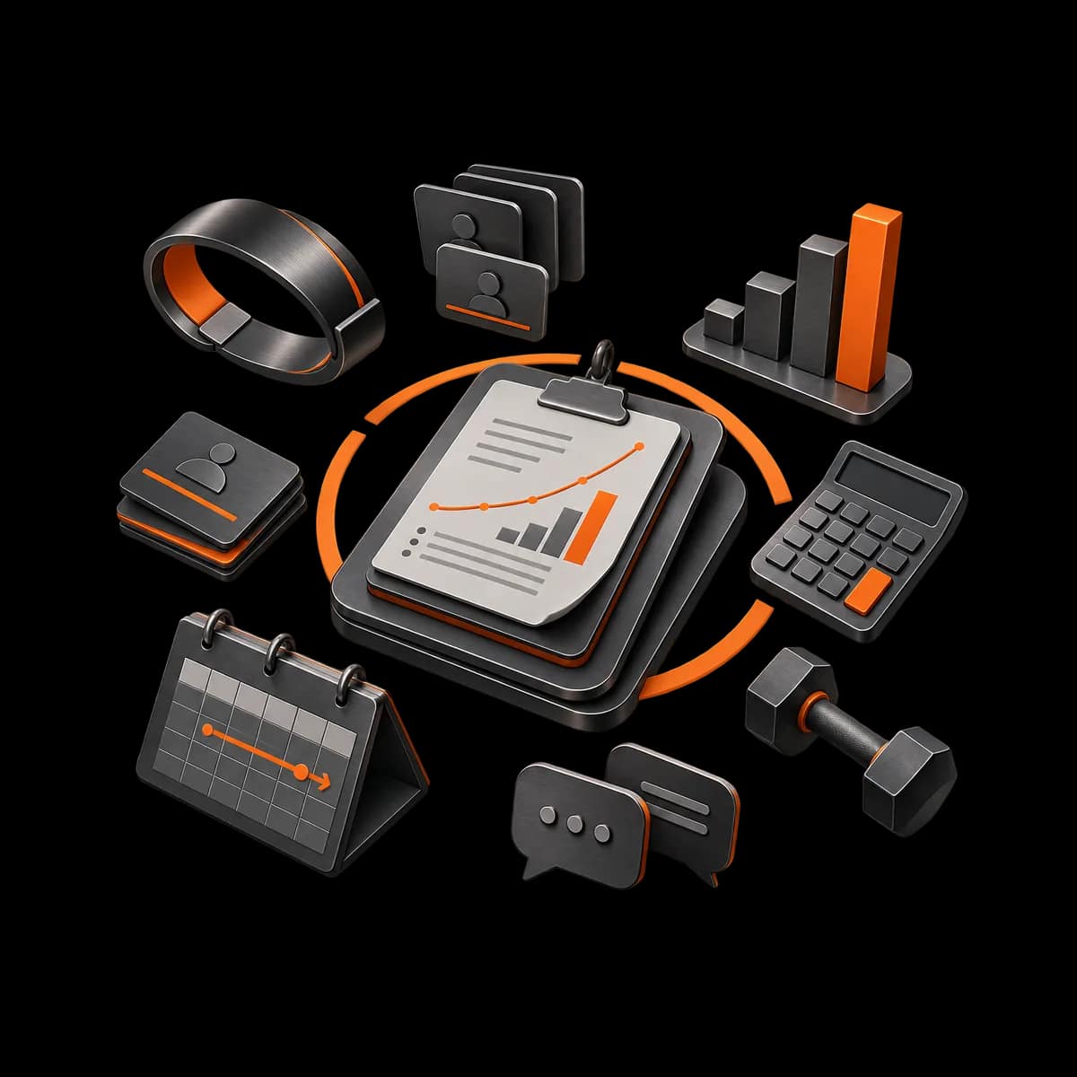 A dark graphite balance beam holds an open membership loop opposite a solid weight, with a single orange fulcrum representing a considered pricing decision.