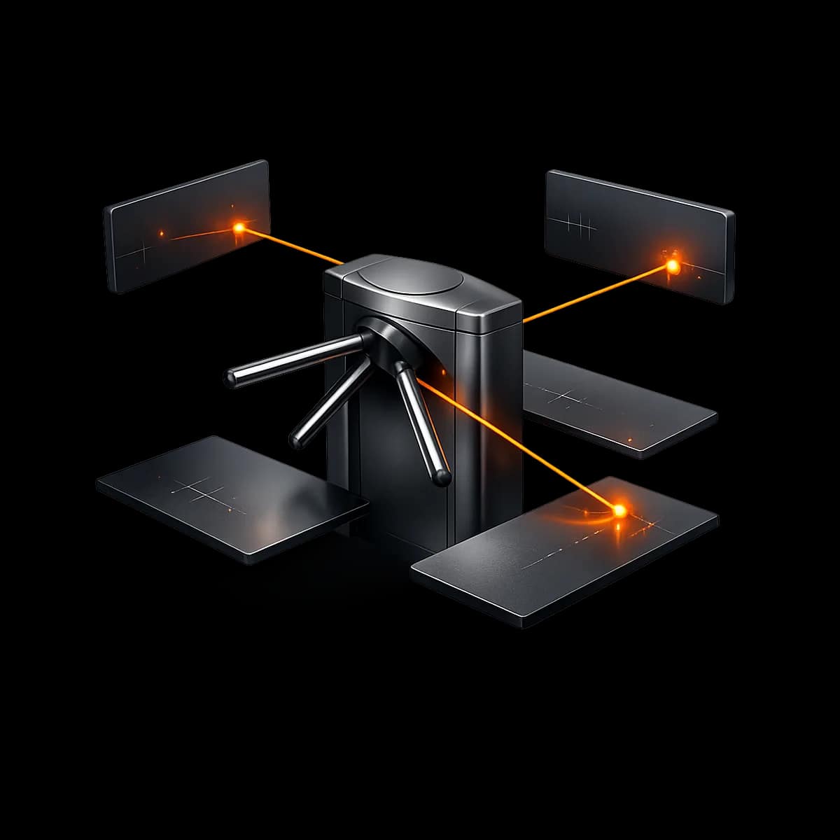 A premium dark graphite 3D turnstile with a single Gymizen-orange path threading through it, symbolizing controlled check-in and exception routing.