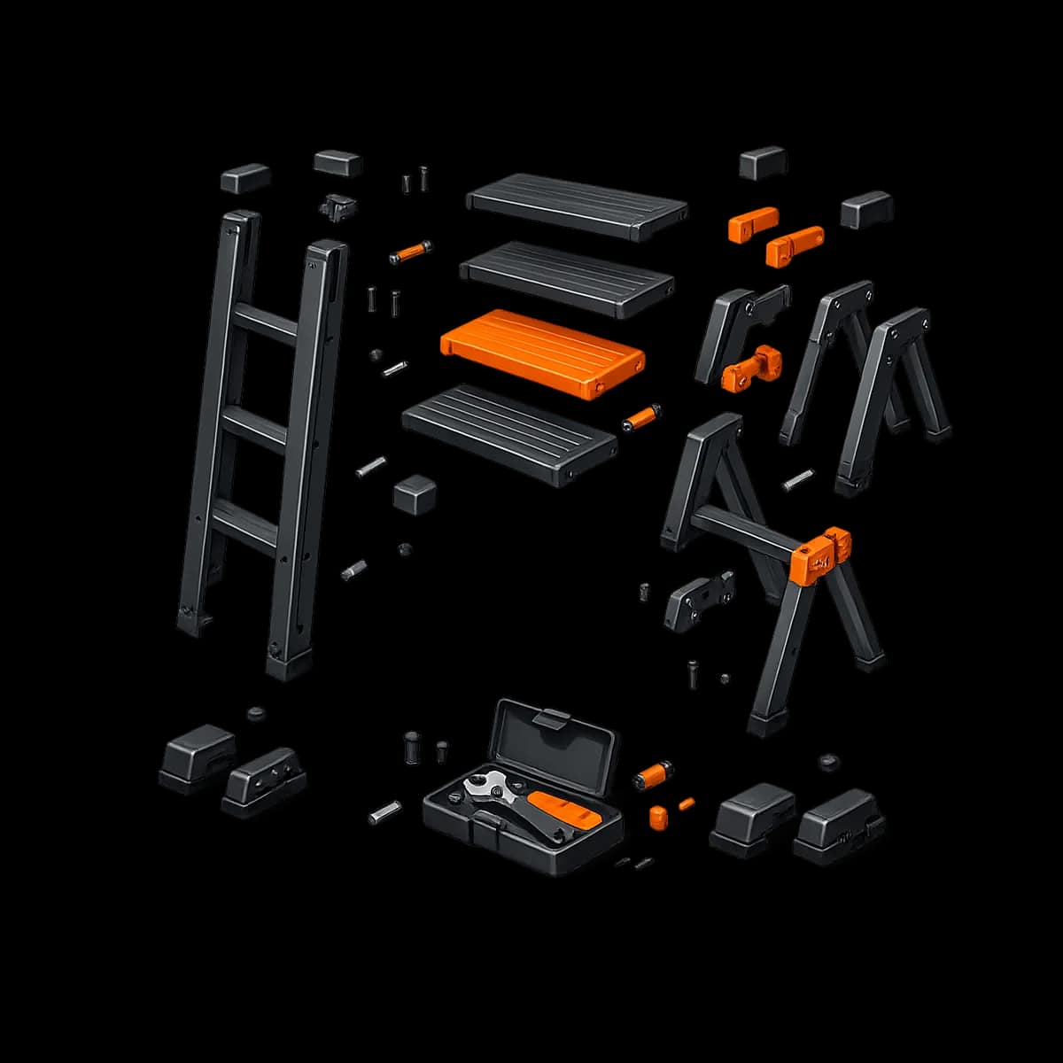 A dark graphite 3D ladder with one orange step highlighted, symbolizing a structured service recovery path with controlled escalation