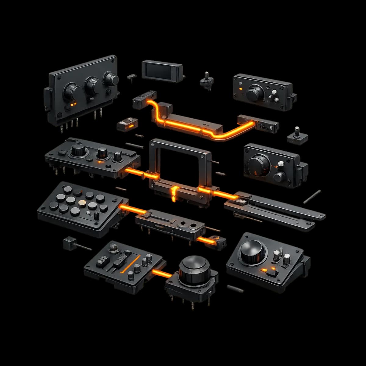 A graphite 3D control console with one orange approval path indicating an operator-led setup checklist