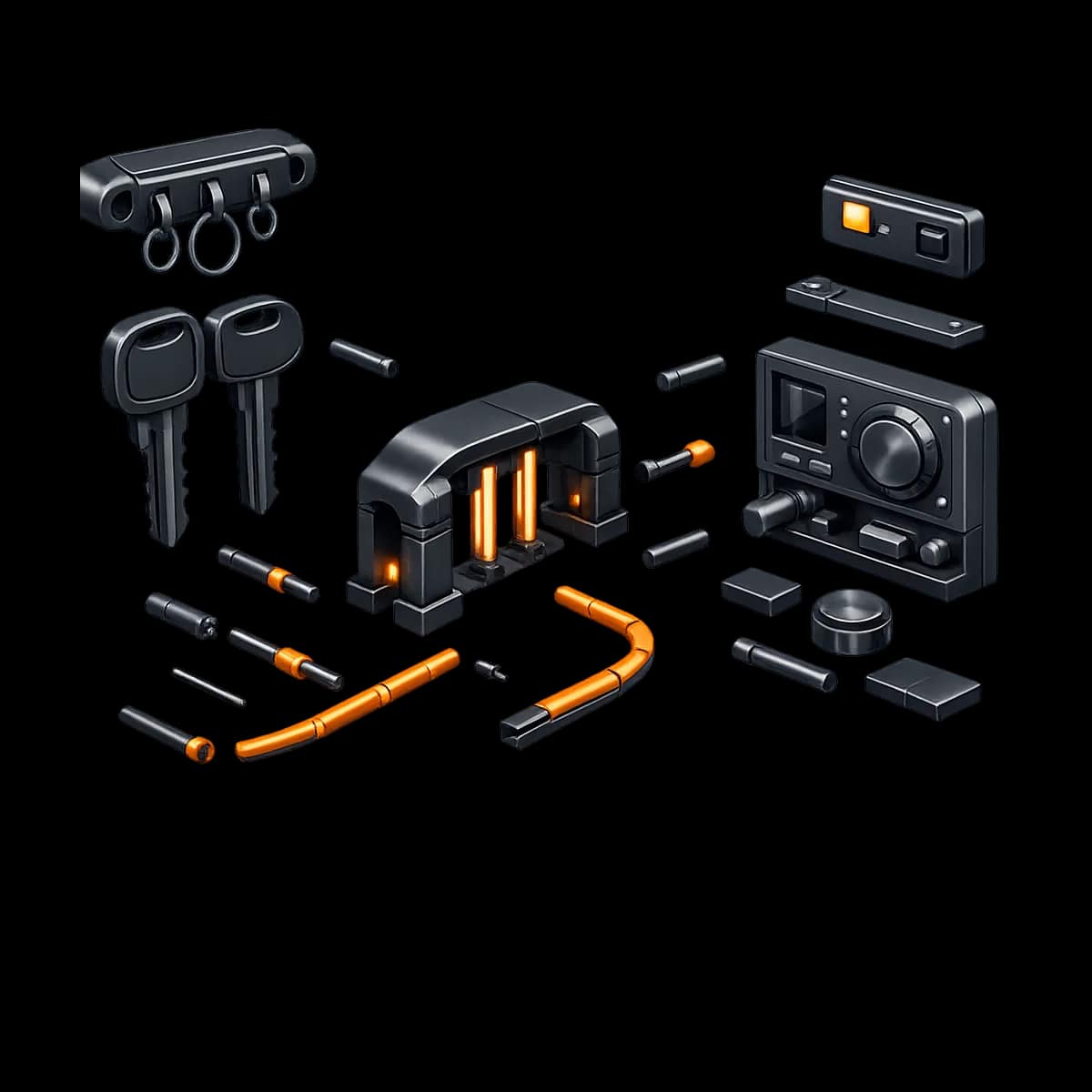 A secure keyring with three labeled keys connected to a single approval checkpoint, rendered in dark graphite with one orange accent path on a transparent background