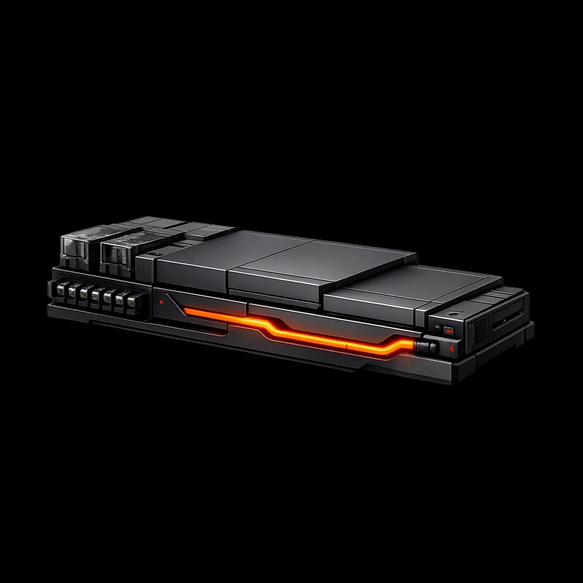 A premium dark graphite mechanical relay switch with a single Gymizen-orange path indicating a controlled handoff