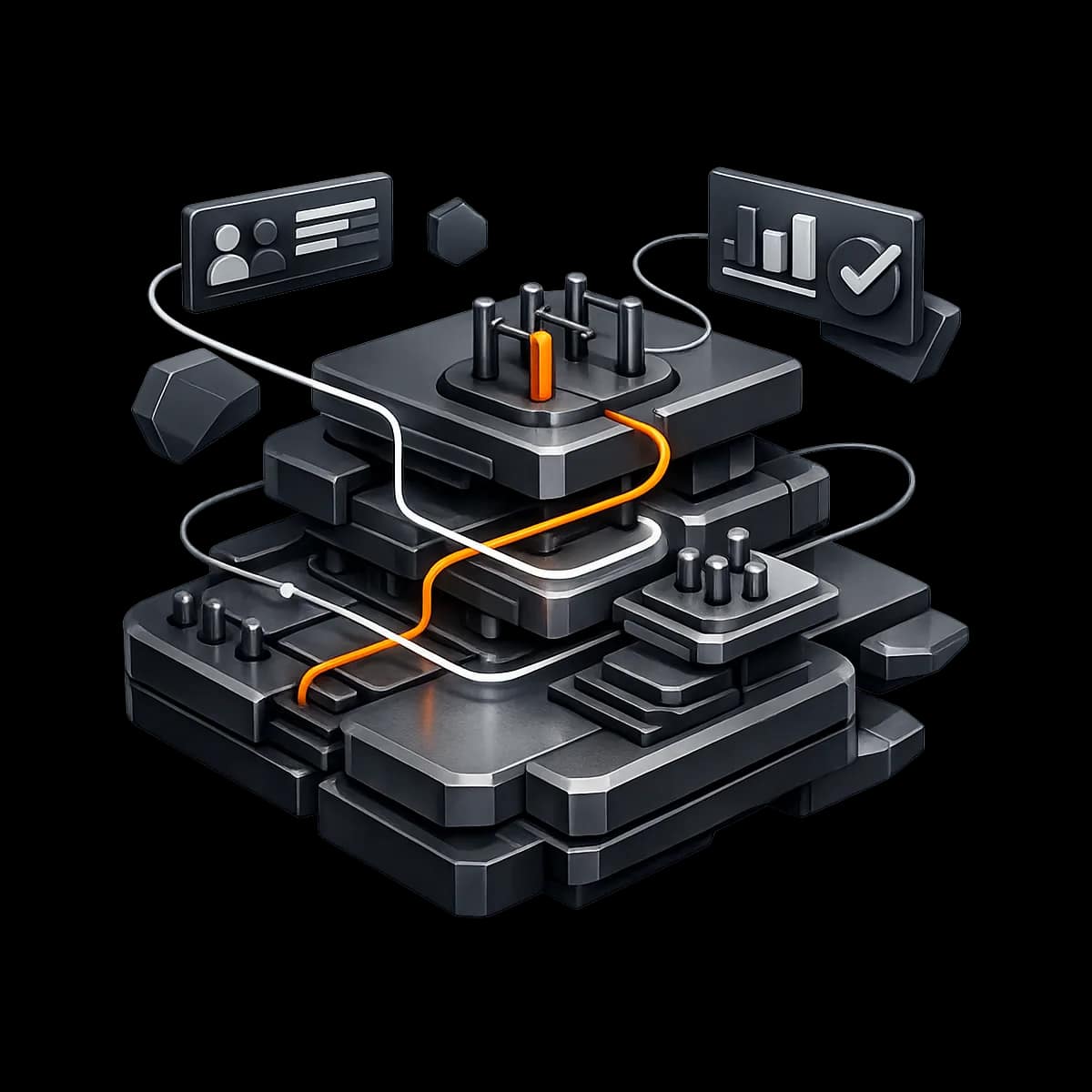 Abstract 3D sculptural object representing waitlists and operational signals with a single orange path accent