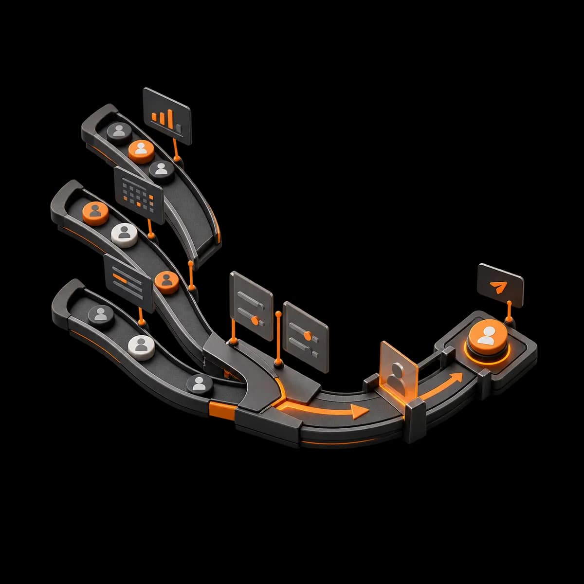 A graphite tabletop sorting rail separates small member-activity markers into three lanes, with one restrained orange route leading to a review point.