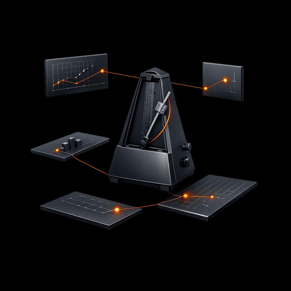 A dark graphite mechanical metronome with a single Gymizen-orange tick mark, representing a weekly operating cadence
