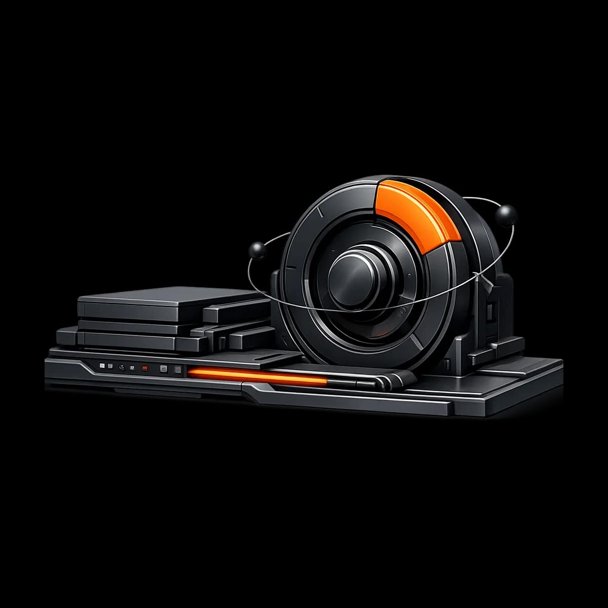 A graphite 3D flywheel with a single orange track segment indicating momentum returning to a system